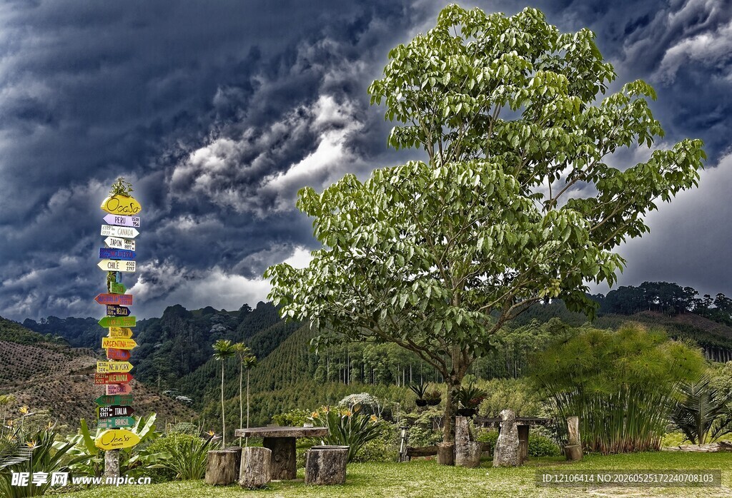 山间经幡绿树风景如画