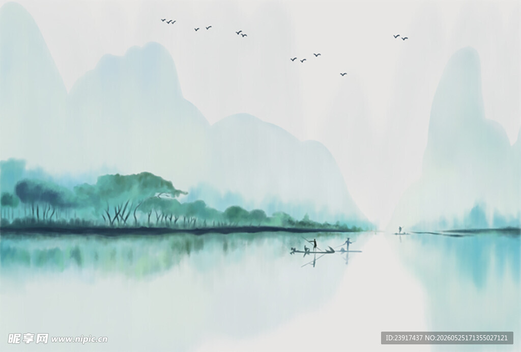 水墨山水间的静谧湖景