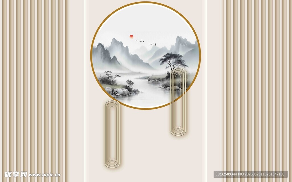 中式圆框山水装饰挂件