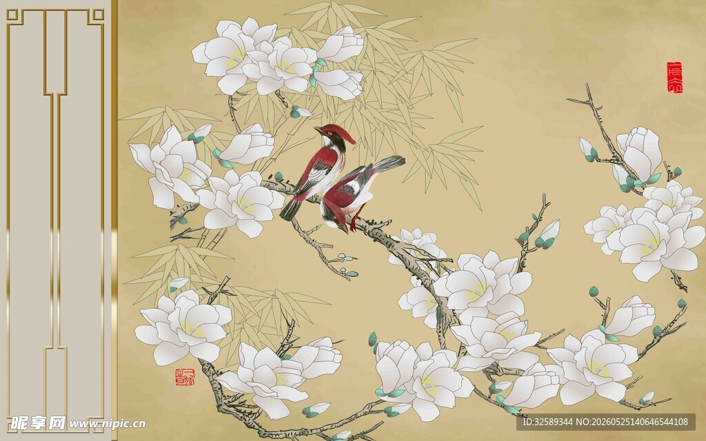 玉兰花枝上的灵动小鸟