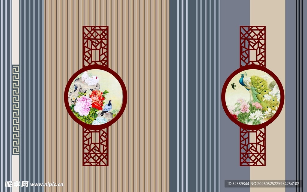 中式古典圆形花纹装饰画