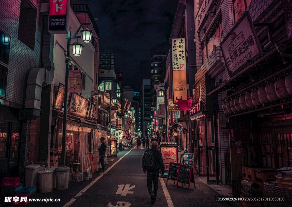 夜晚繁华的日式街道景象