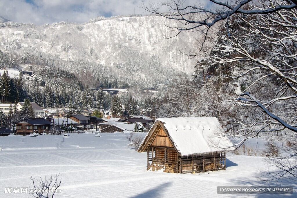 雪中小屋静谧冬日景致