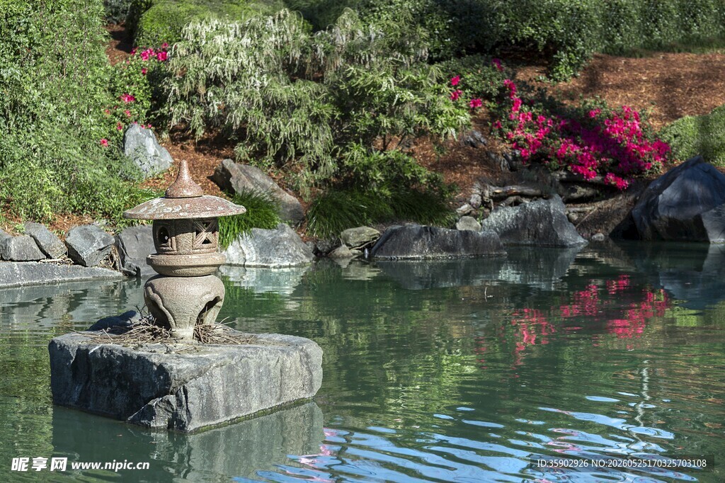 日式庭院中的石灯笼水景