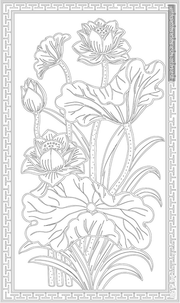 中式荷花花卉线描图案