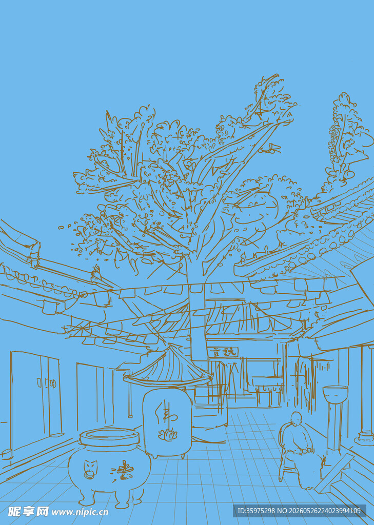 手绘庭院景观线稿图