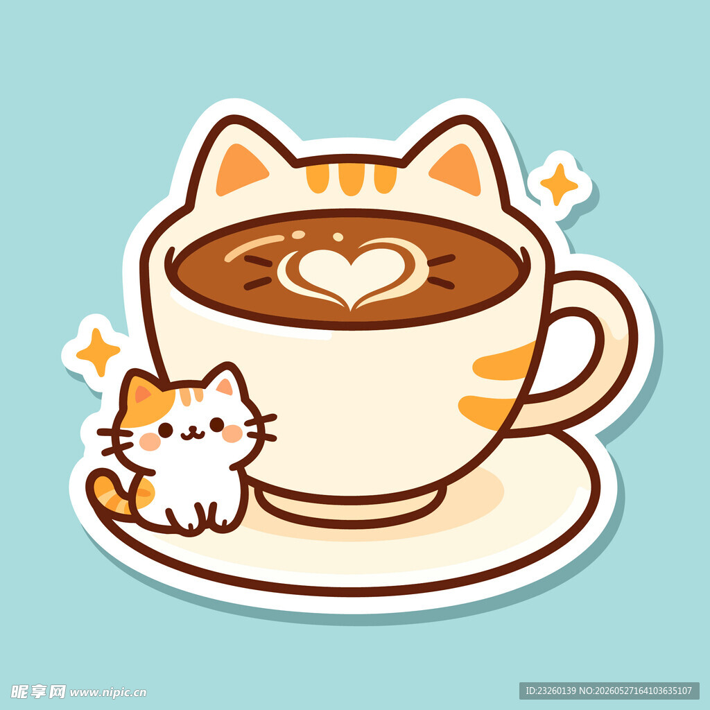 猫咪与爱心咖啡杯贴纸