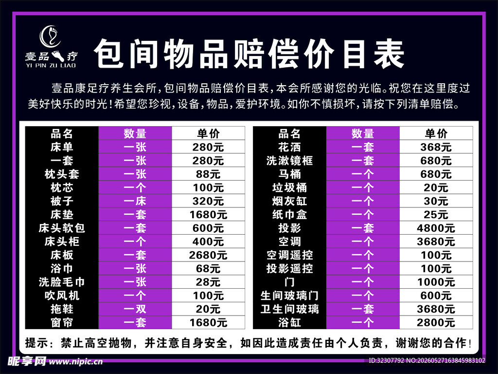 包间物品赔偿价目表