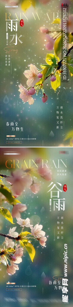 地产雨水谷雨树枝花卉海报