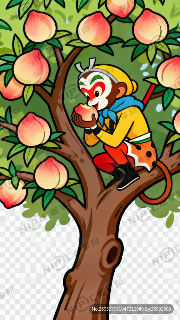 孙悟空在树上偷吃桃子。桃子树要