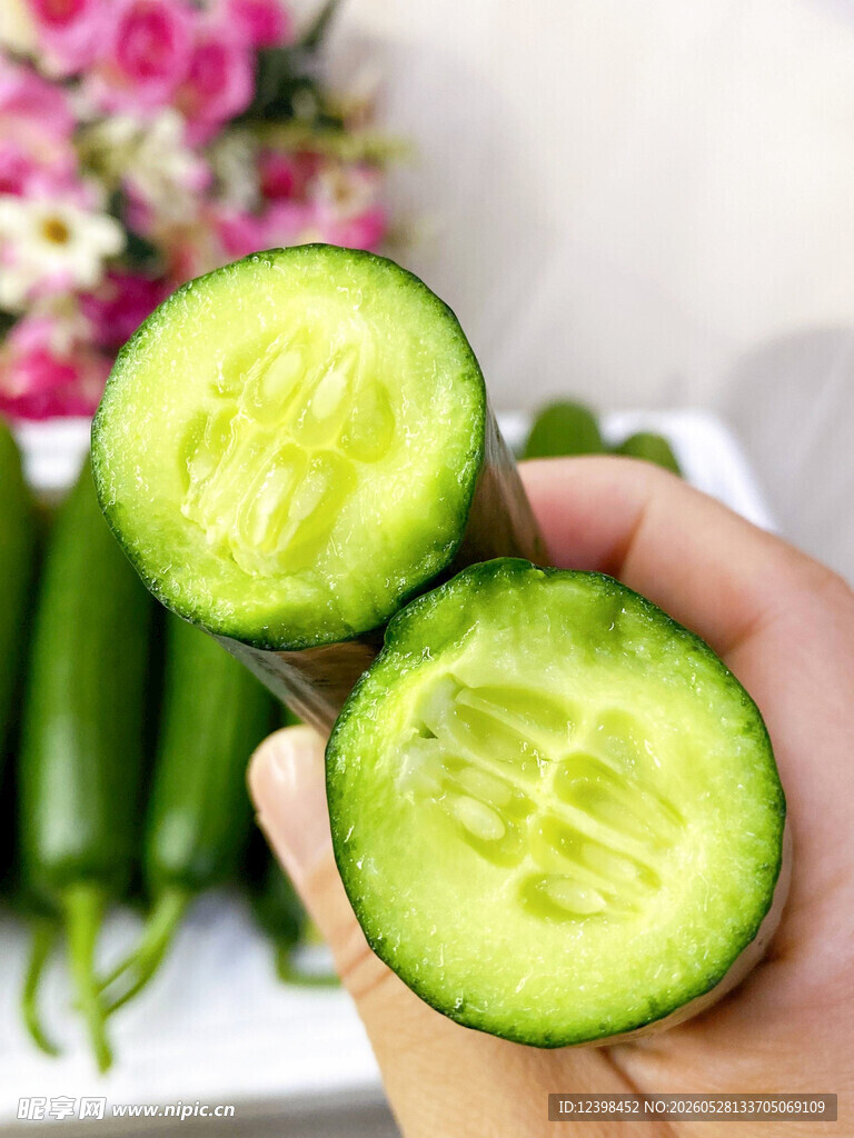 手捧鲜切嫩绿小黄瓜