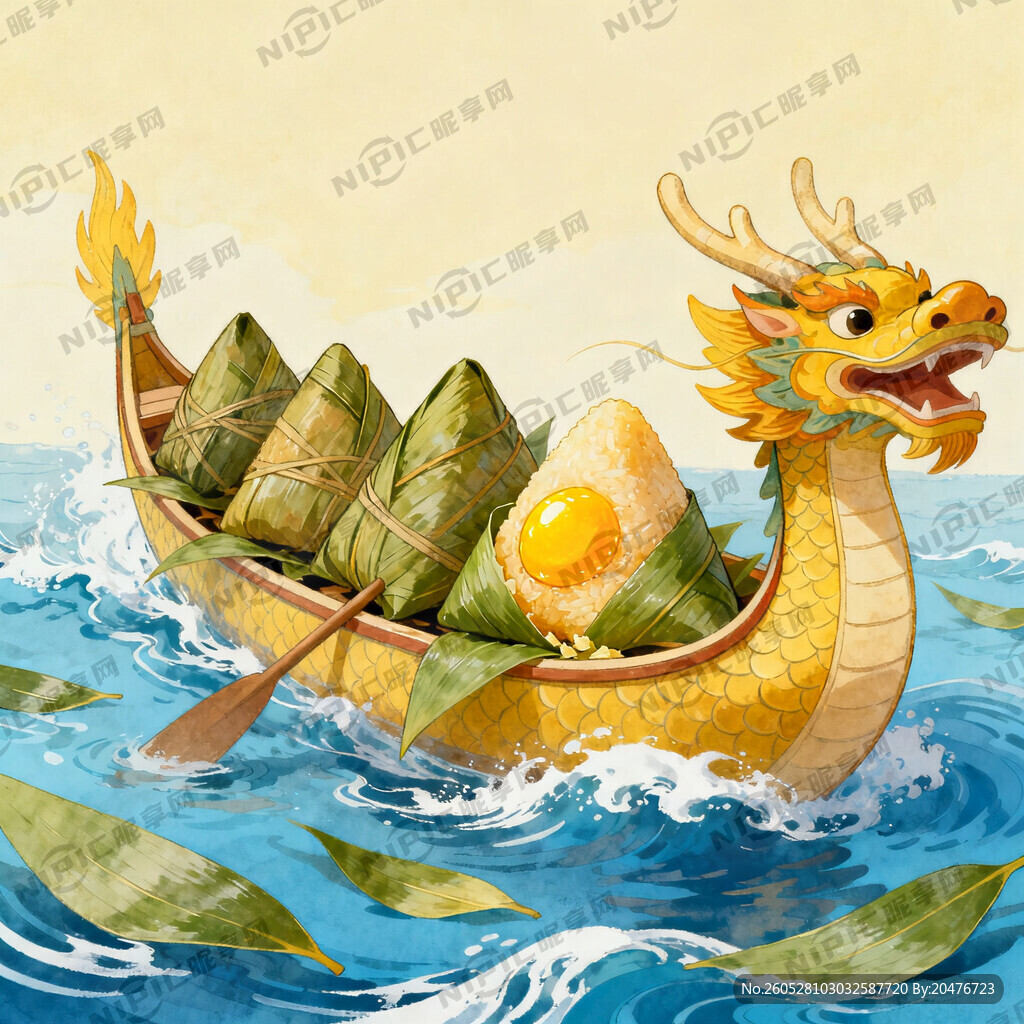 端午龙舟 粽子  蓝色海浪  