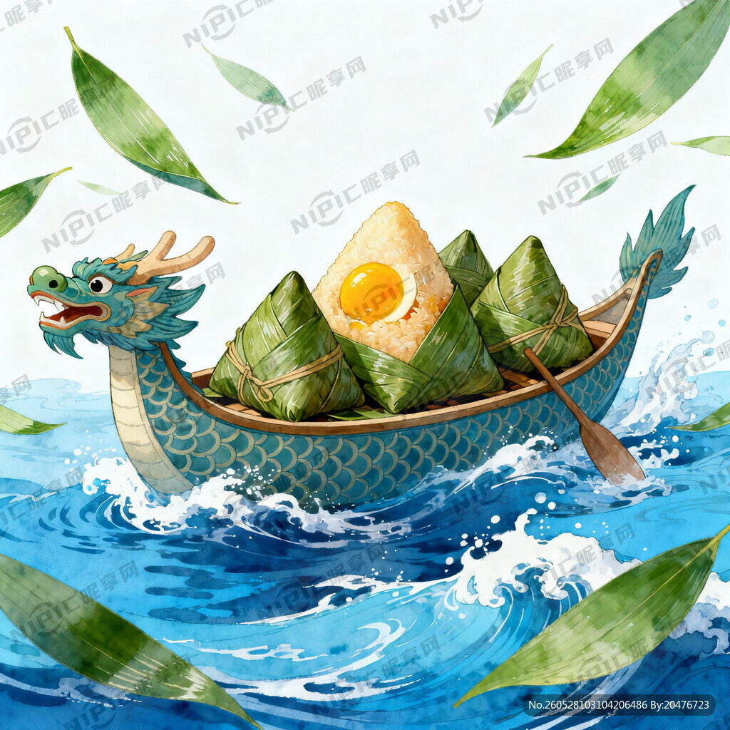端午龙舟 粽子  蓝色海浪  