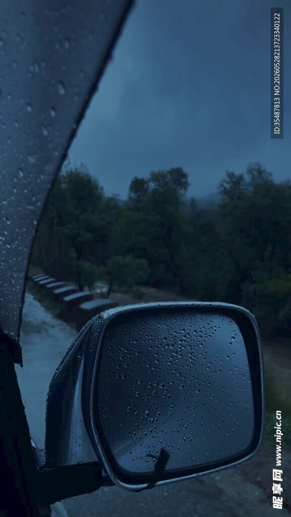 雨中车内后视镜外的景象