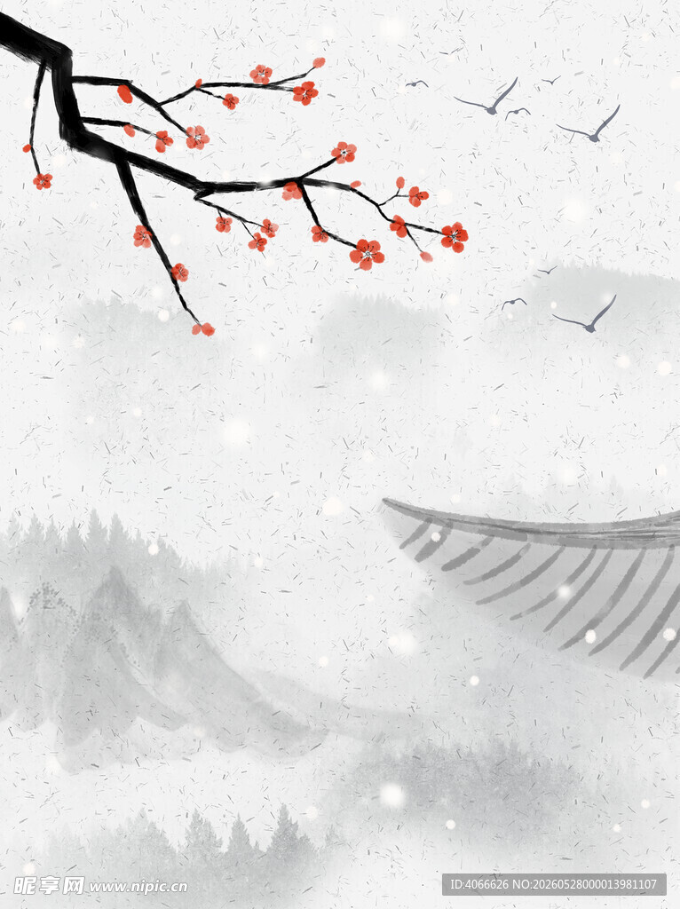 水墨雪景红梅枝头飞鸟图