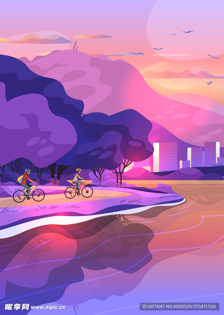 黄昏湖畔骑行美景