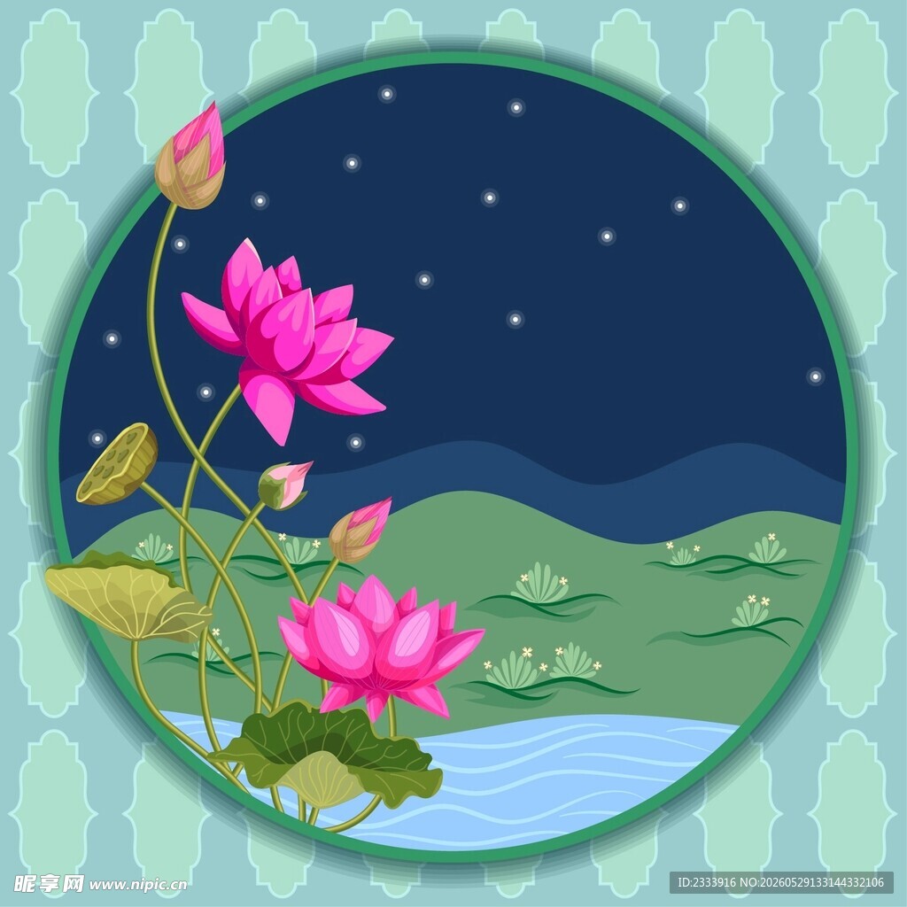 荷塘夜景插画