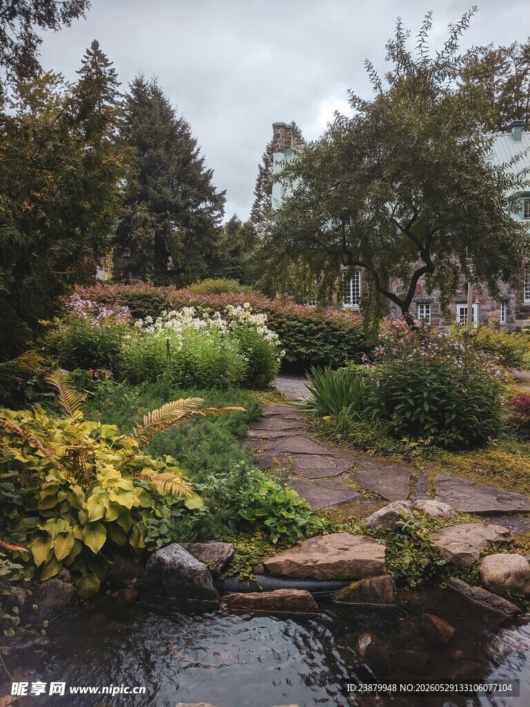 宁静花园中的自然水系景观