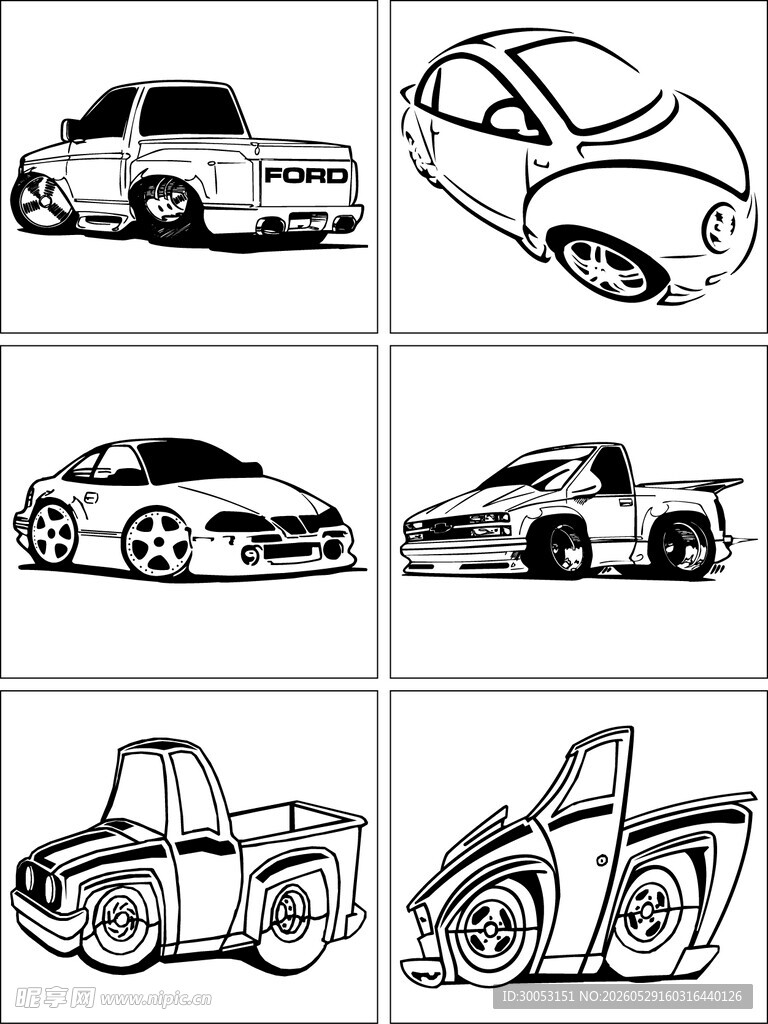 多样汽车轮廓线条插画