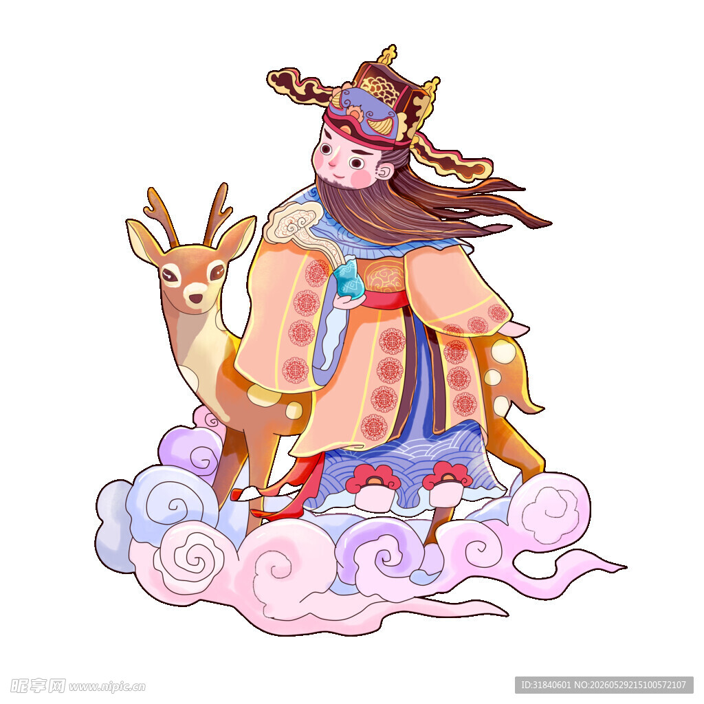 仙童骑鹿腾云图
