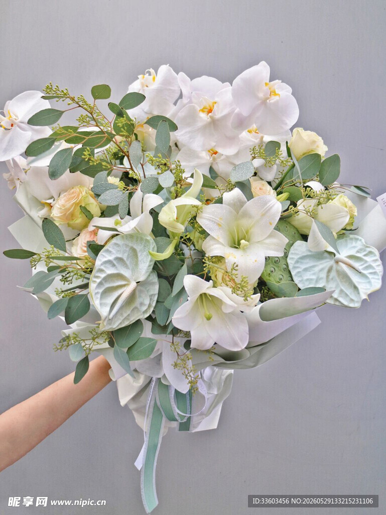 手捧清新白色兰花花束