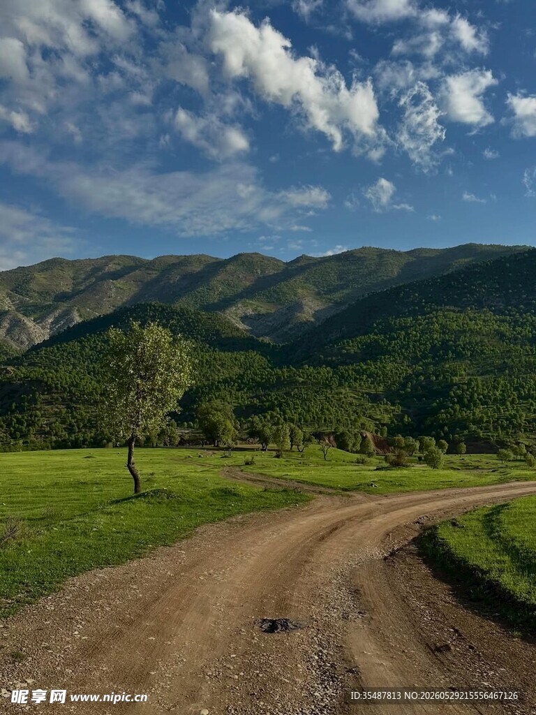 山间土路绿野蓝天美景