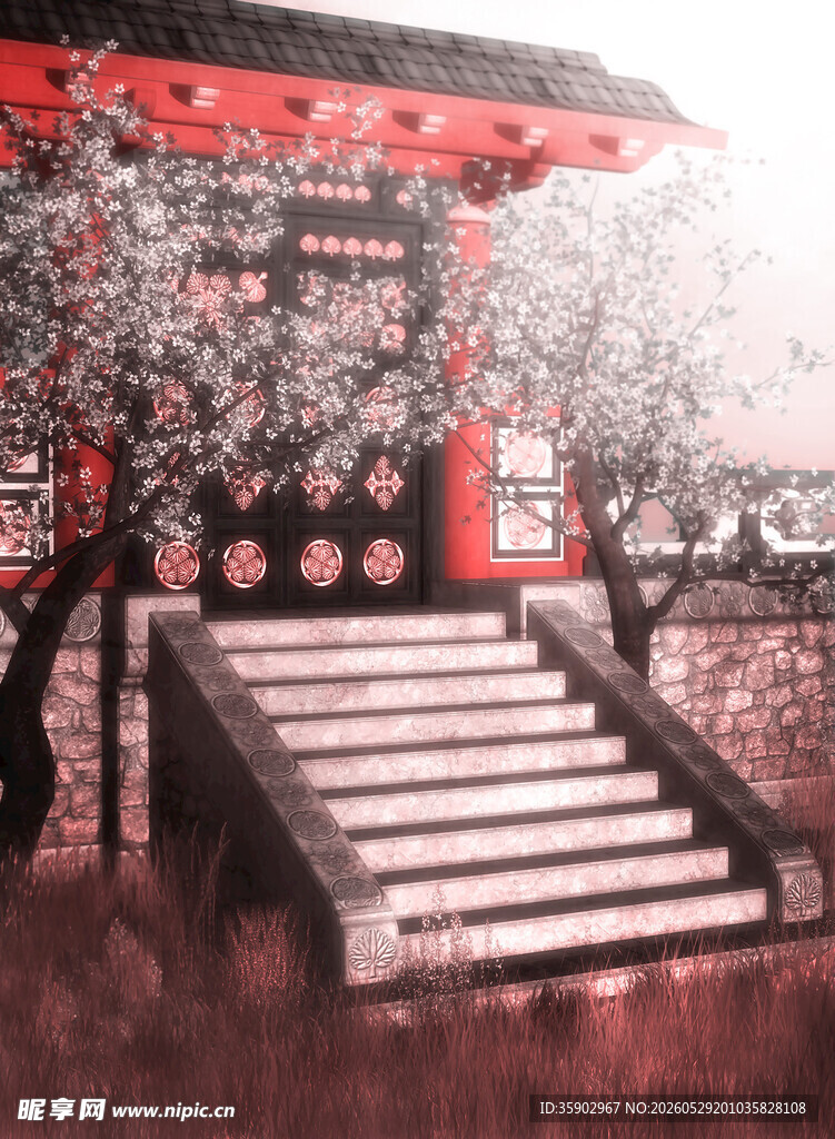 日式古建樱花烂漫景致