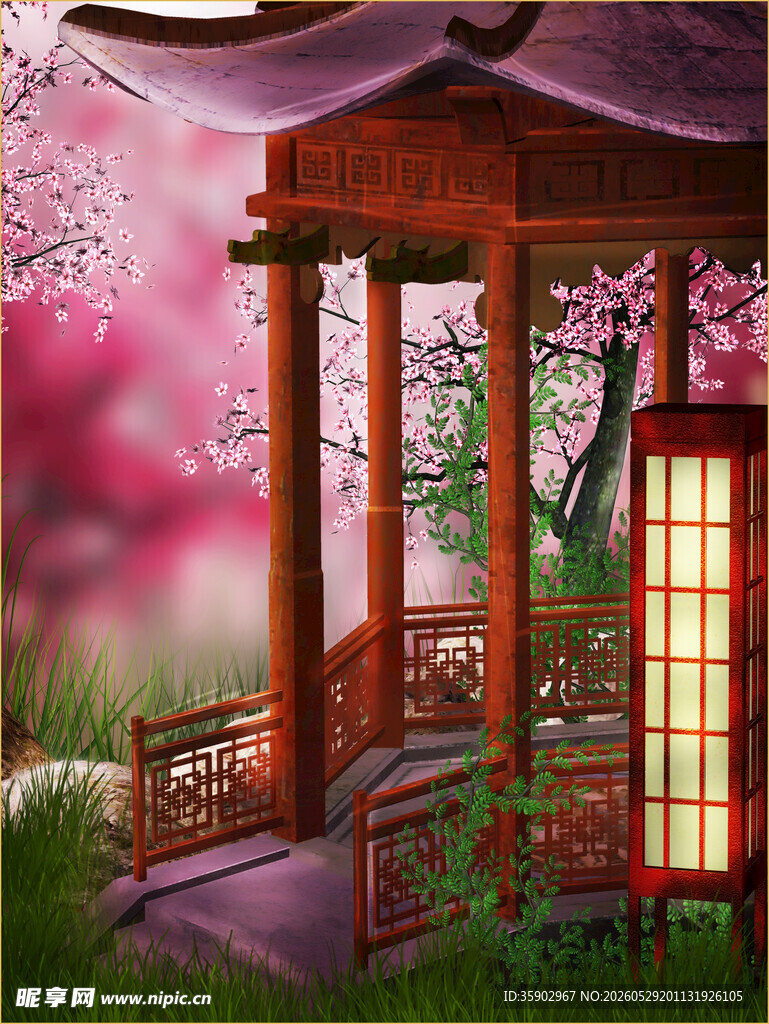 古风亭畔烂漫樱花景致