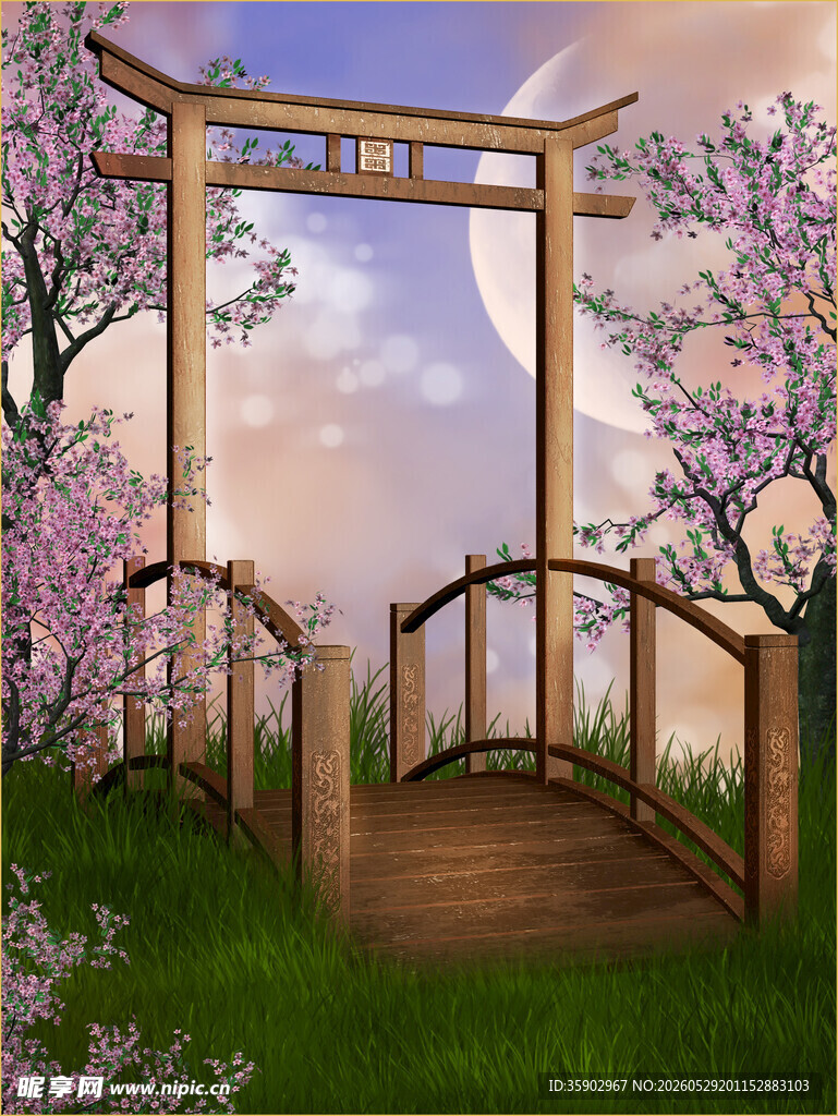 日式月下花桥美景