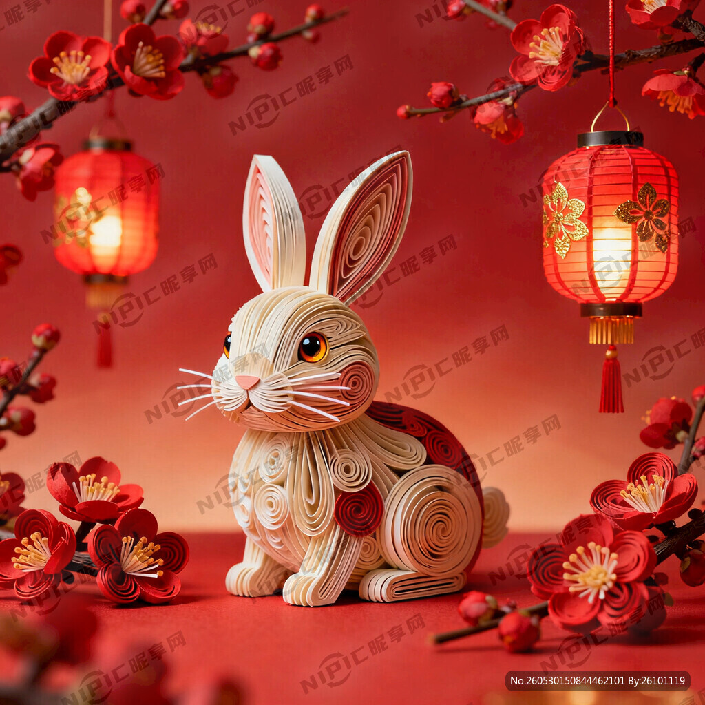衍纸艺术 春节 可爱兔子 红梅