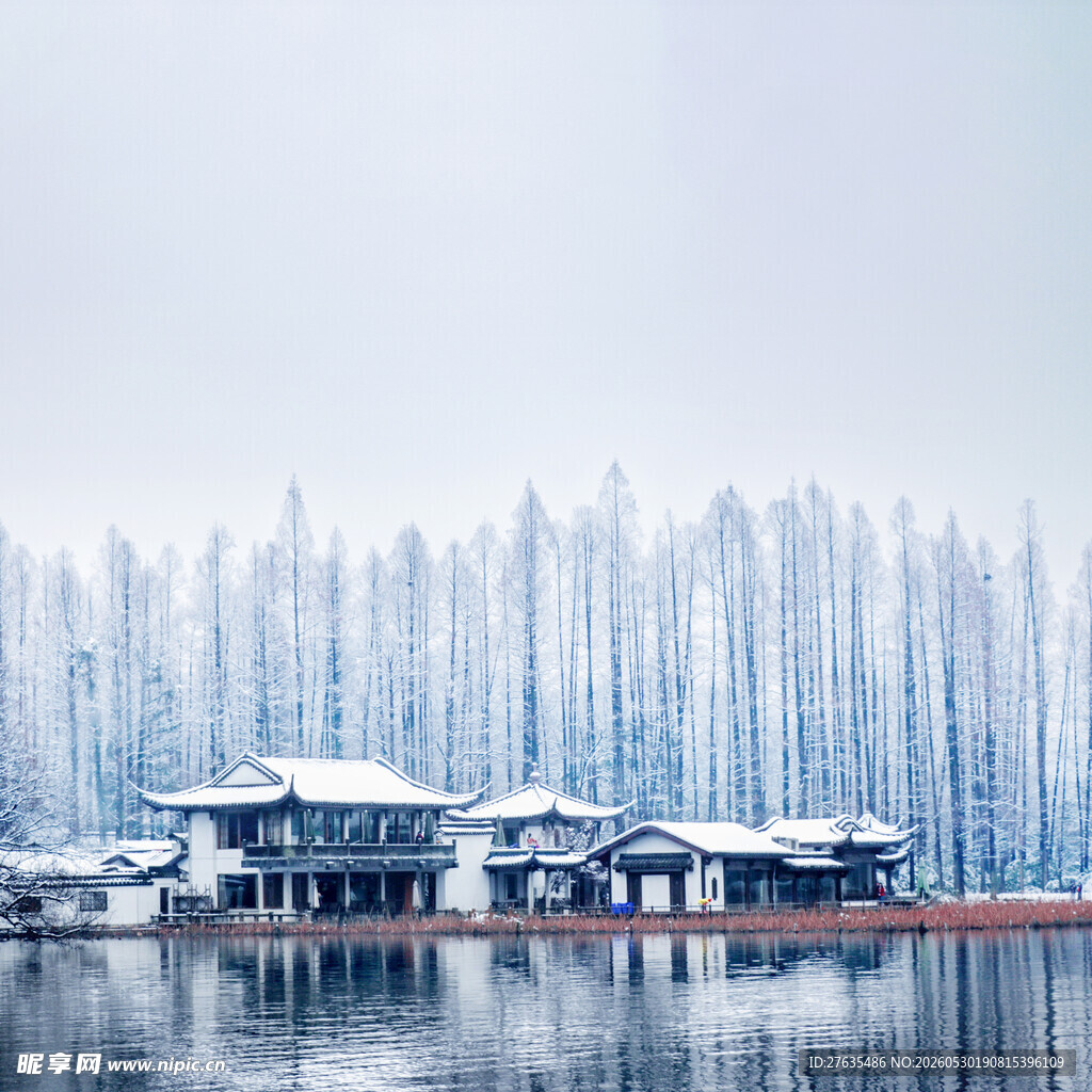 雪覆湖畔屋舍杉林映寒水