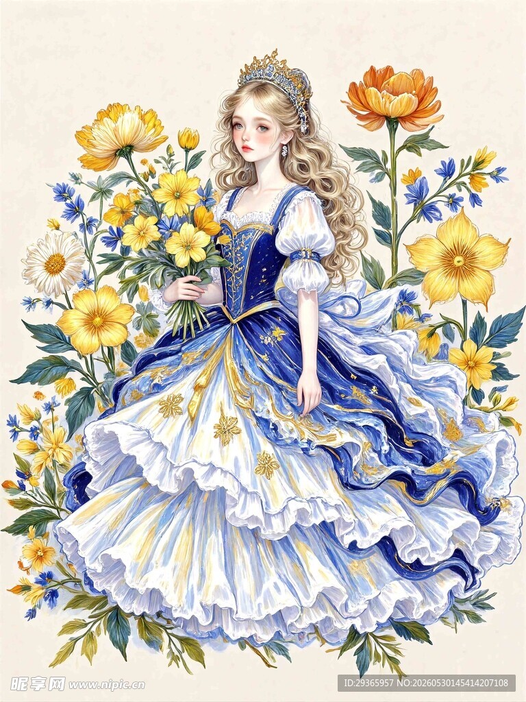 蓝裙少女置身繁花之中