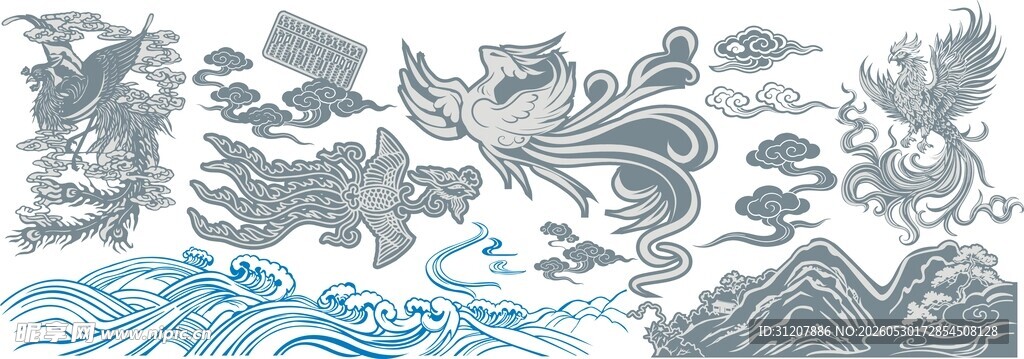 矢量凤凰山水纹图