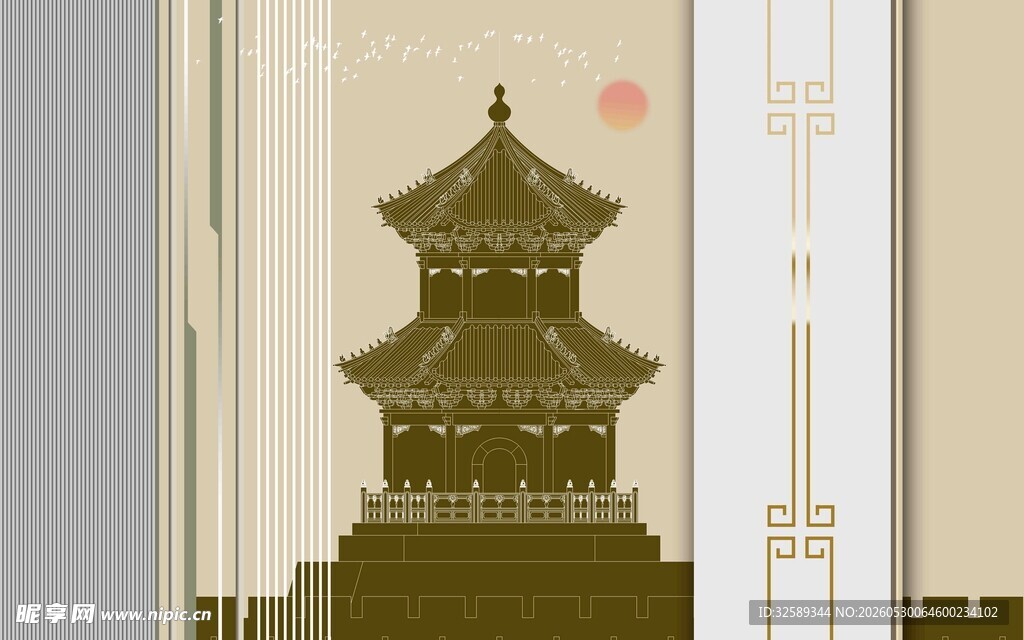 古风塔楼天边一抹红日
