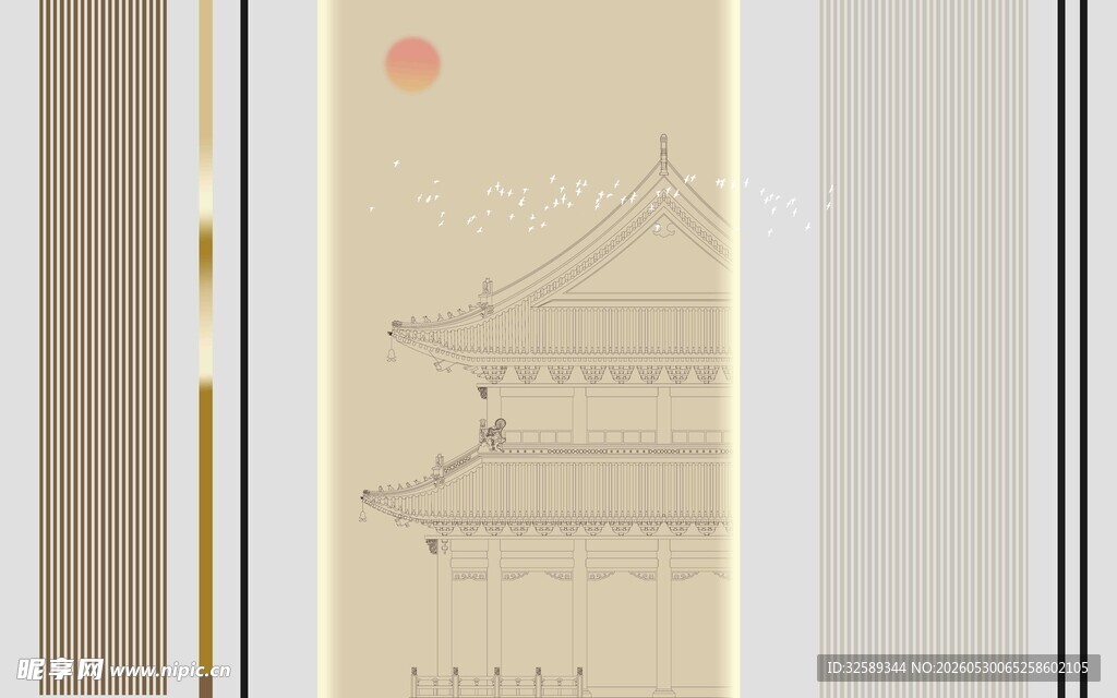 中式古建筑手绘装饰画