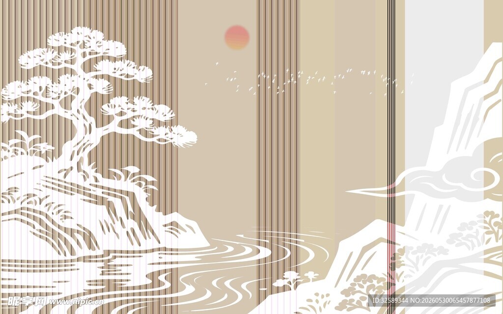中式山水墨韵松树图景
