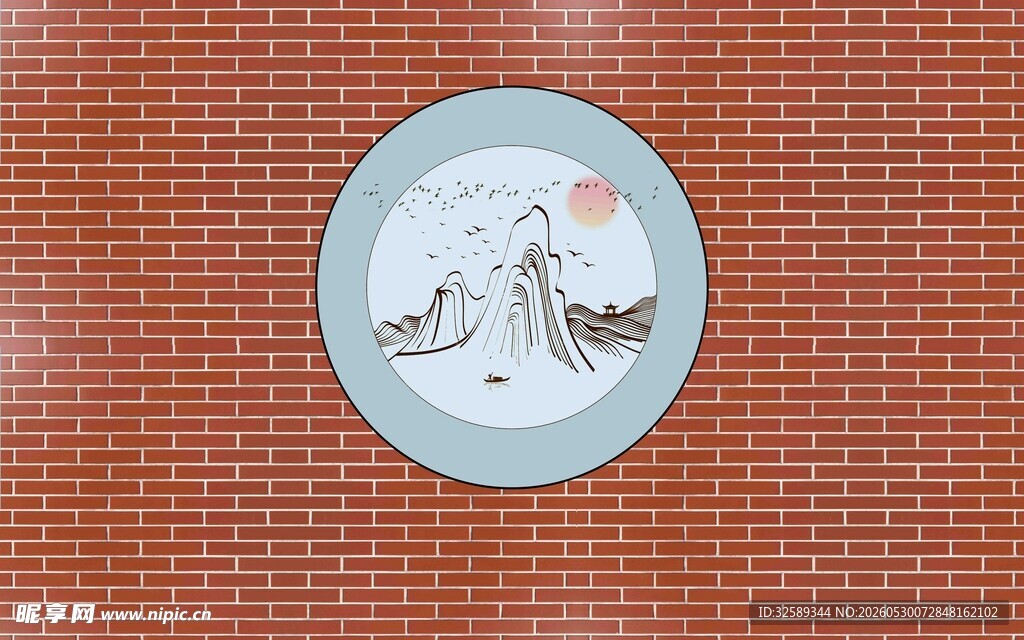 中式圆形山水图案装饰