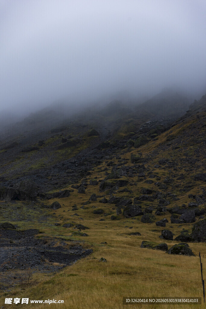 山间云雾缭绕的草地景观