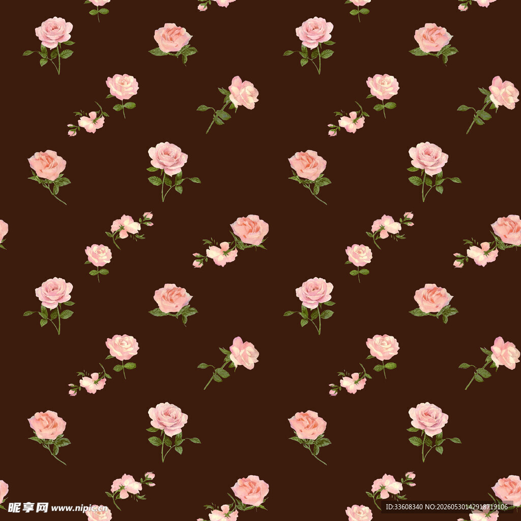 棕色底粉色花朵花卉图案