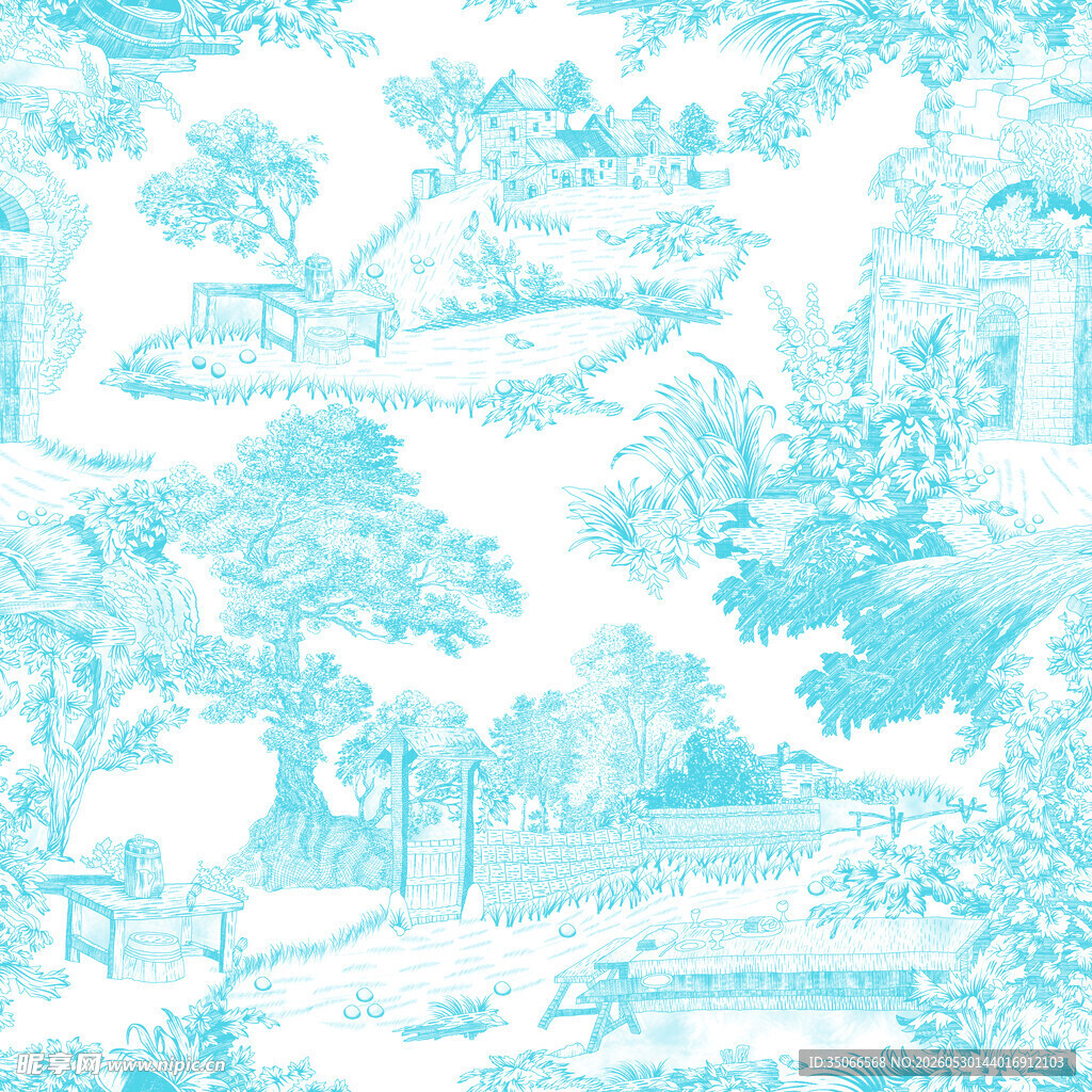 山水  数码印花  