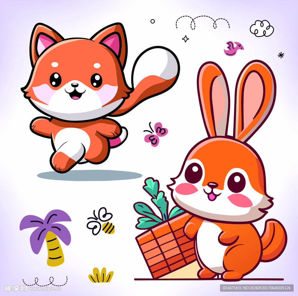 可爱狐兔互动插画