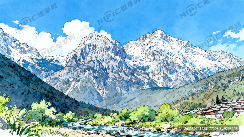 丽江玉龙雪山手绘图 全景图