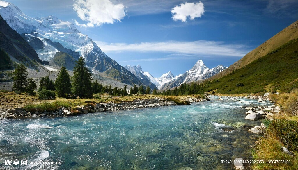 山间溪流壮丽雪山自然风光风景