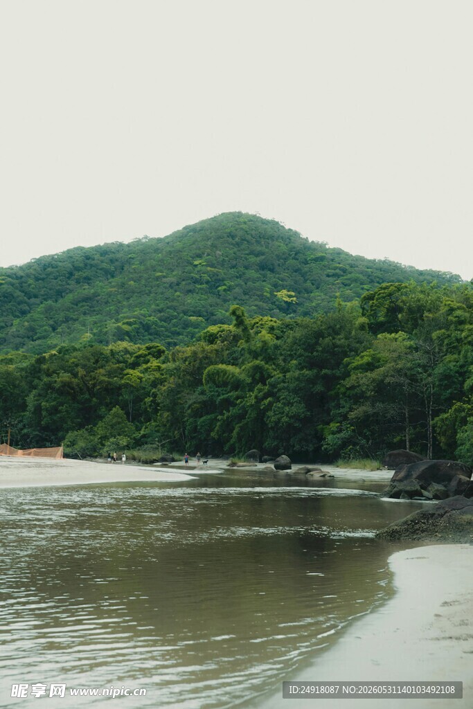 青山绿水间的宁静河岸自然风景