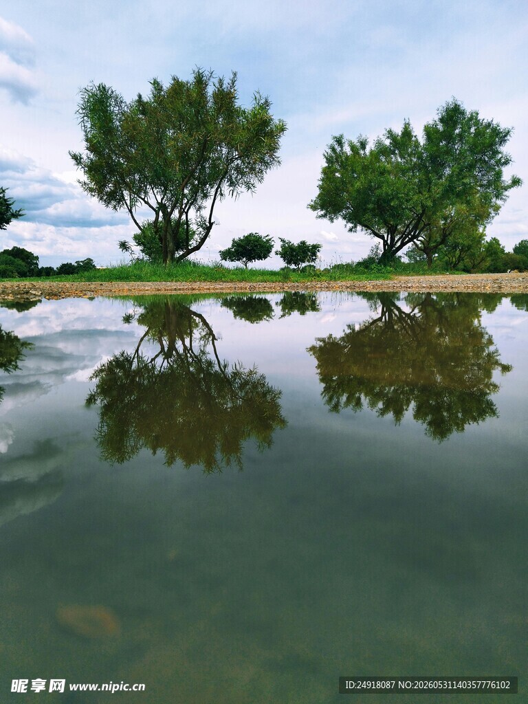湖畔绿树倒影宁静美景