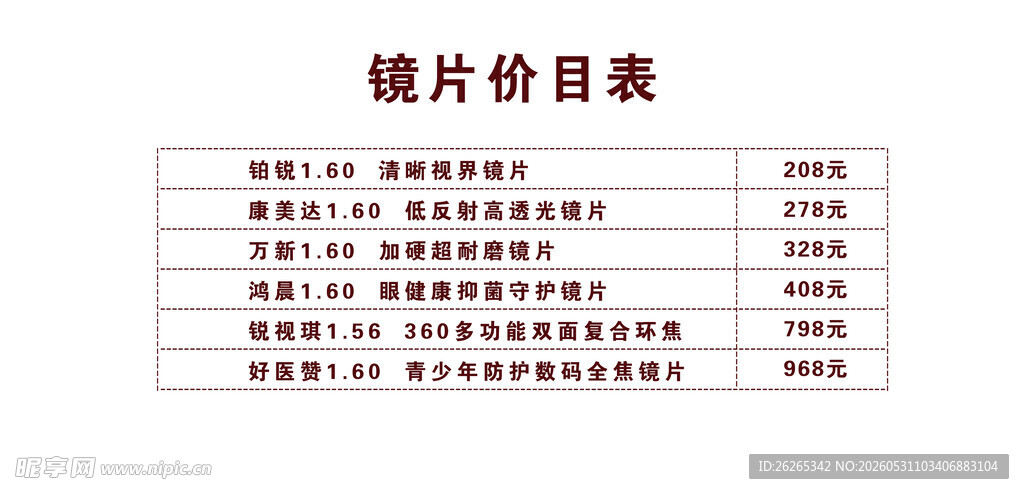 镜片价目表展示