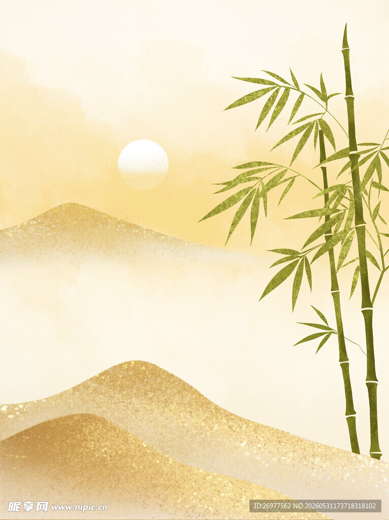 日出竹林间的山水景致
