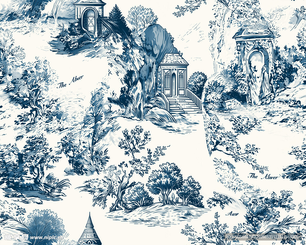 蓝白山水风景图