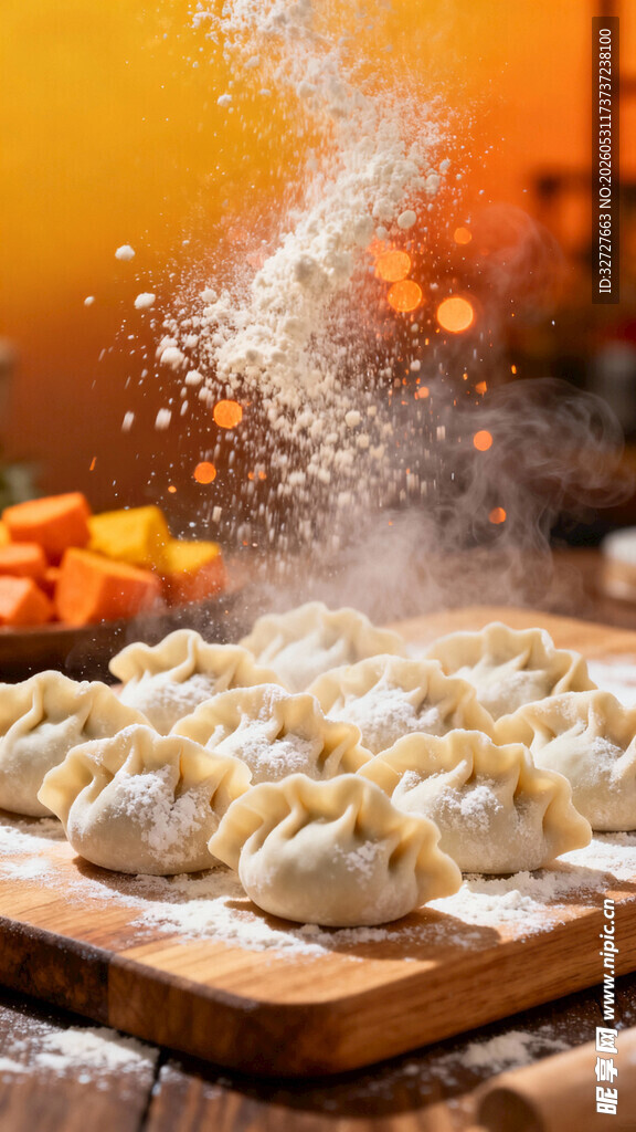 饺子制作中面粉飞扬瞬间