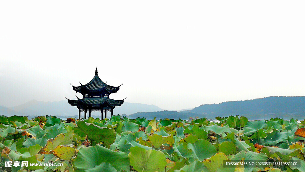 荷塘中的古典亭阁